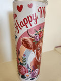 Happy Mother's Day Highland Cow glow tumbler - front view with floral crown and hearts