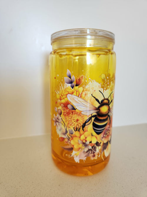 16oz Acrylic Drip Snow Globe - Floral bumblebee illustration side view