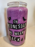 Wednesday Addams snow globe acrylic Libby cup - On Wednesdays We Wear Black side with bats on purple background