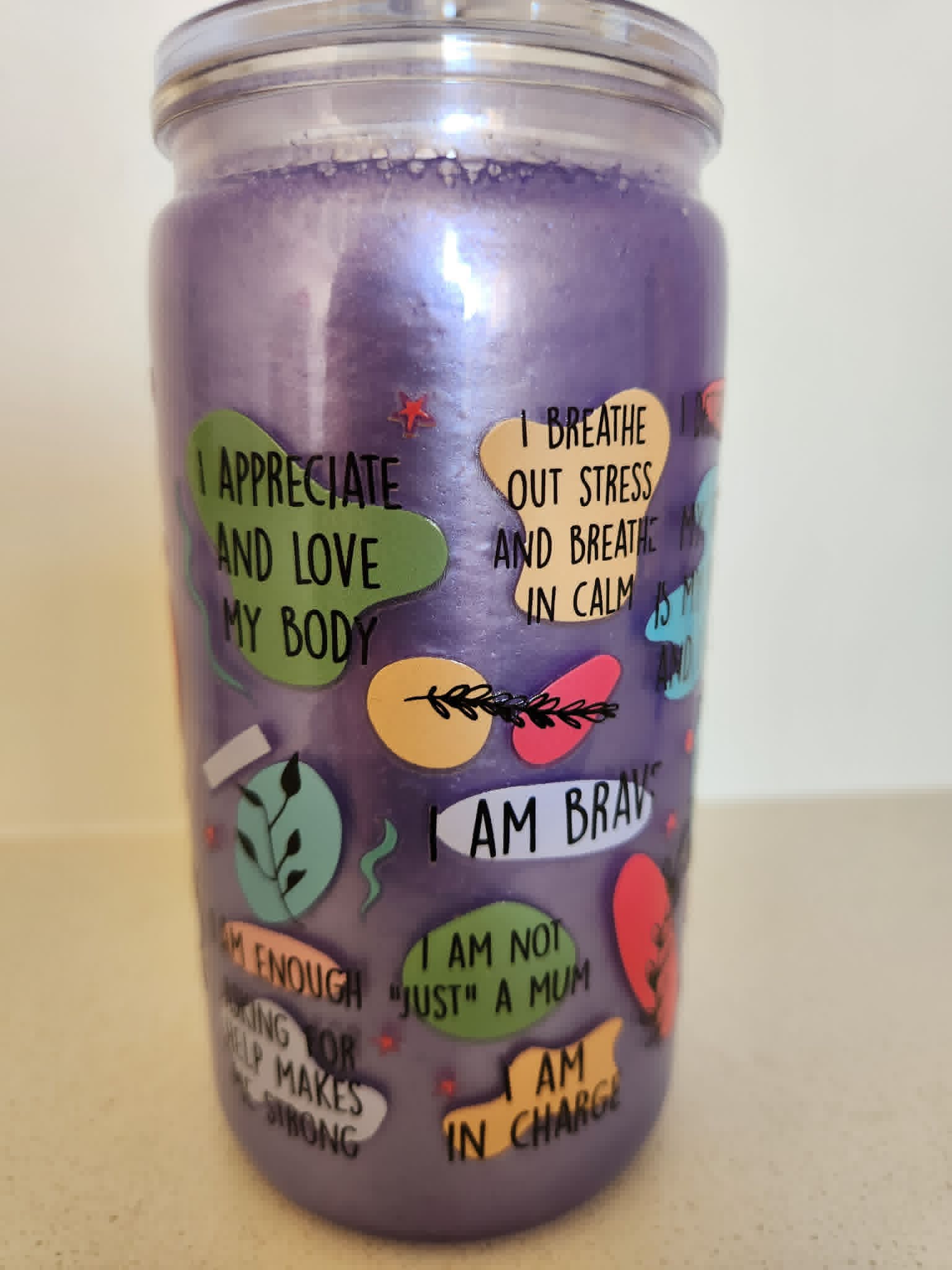 16oz Glass Snow Globe - Mum's Daily Affirmations side view with I Am Brave and I Appreciate My Body