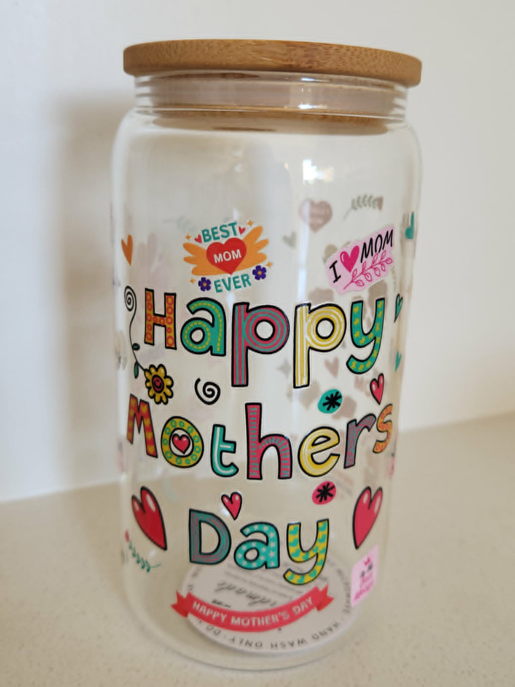 16oz Glass Libby Cup - Happy Mother's Day colourful text design