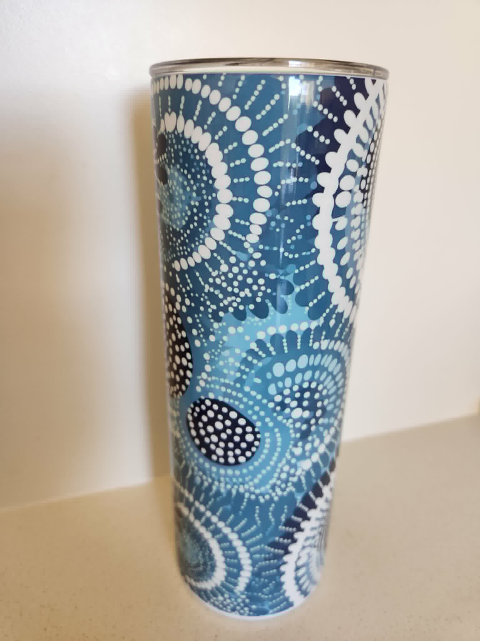 Ocean Dreaming tumbler - front view with navy and teal dot art design