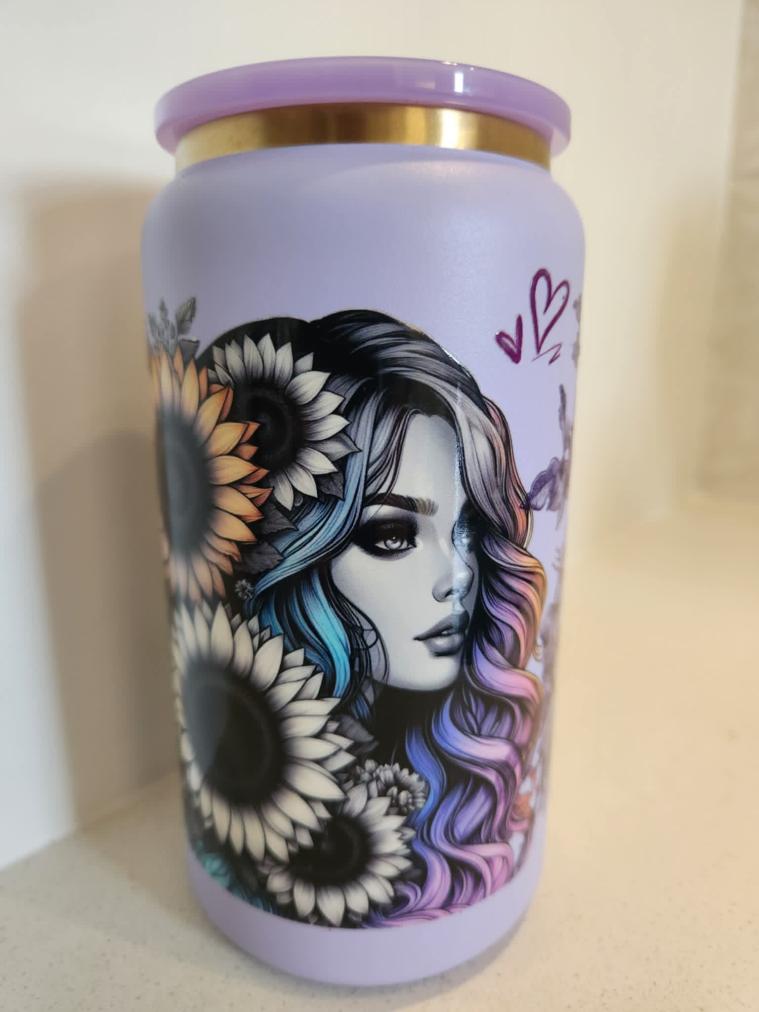 Boho Sunflower Girl stainless steel Libby cup - front view showing ethereal girl with blue purple ombre hair and monochrome sunflowers on lavender