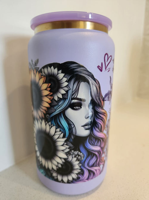 Boho Sunflower Girl stainless steel Libby cup - front view showing ethereal girl with blue purple ombre hair and monochrome sunflowers on lavender
