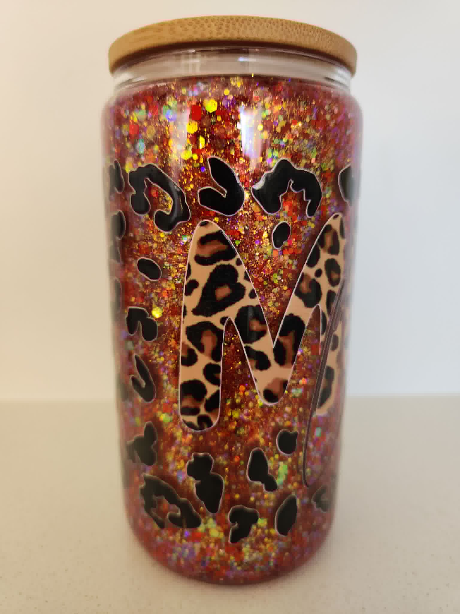 16oz Acrylic Snow Globe - Red glitter leopard print with large M initial letter