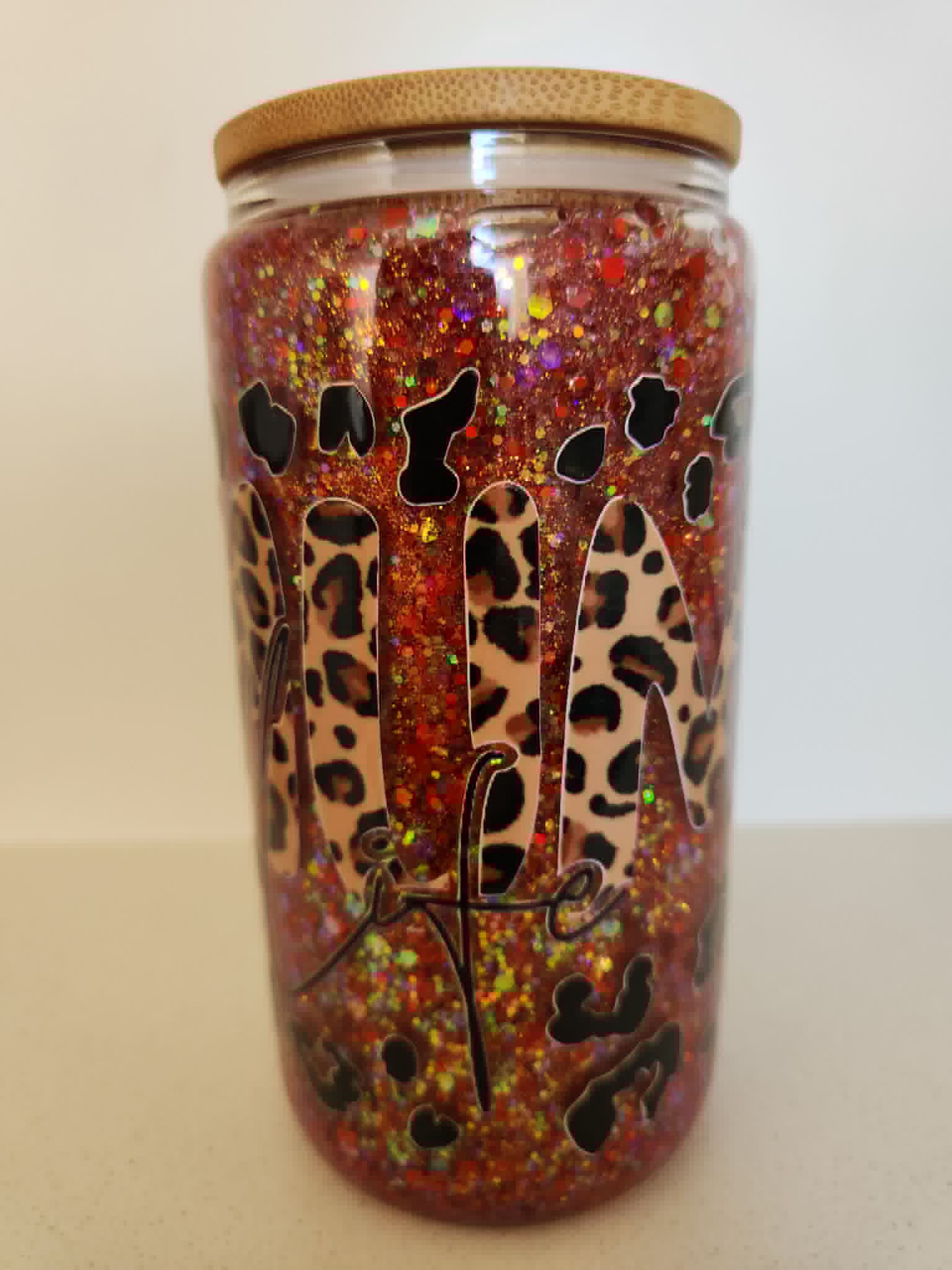 16oz Acrylic Snow Globe - Red glitter leopard print with Mama script lettering