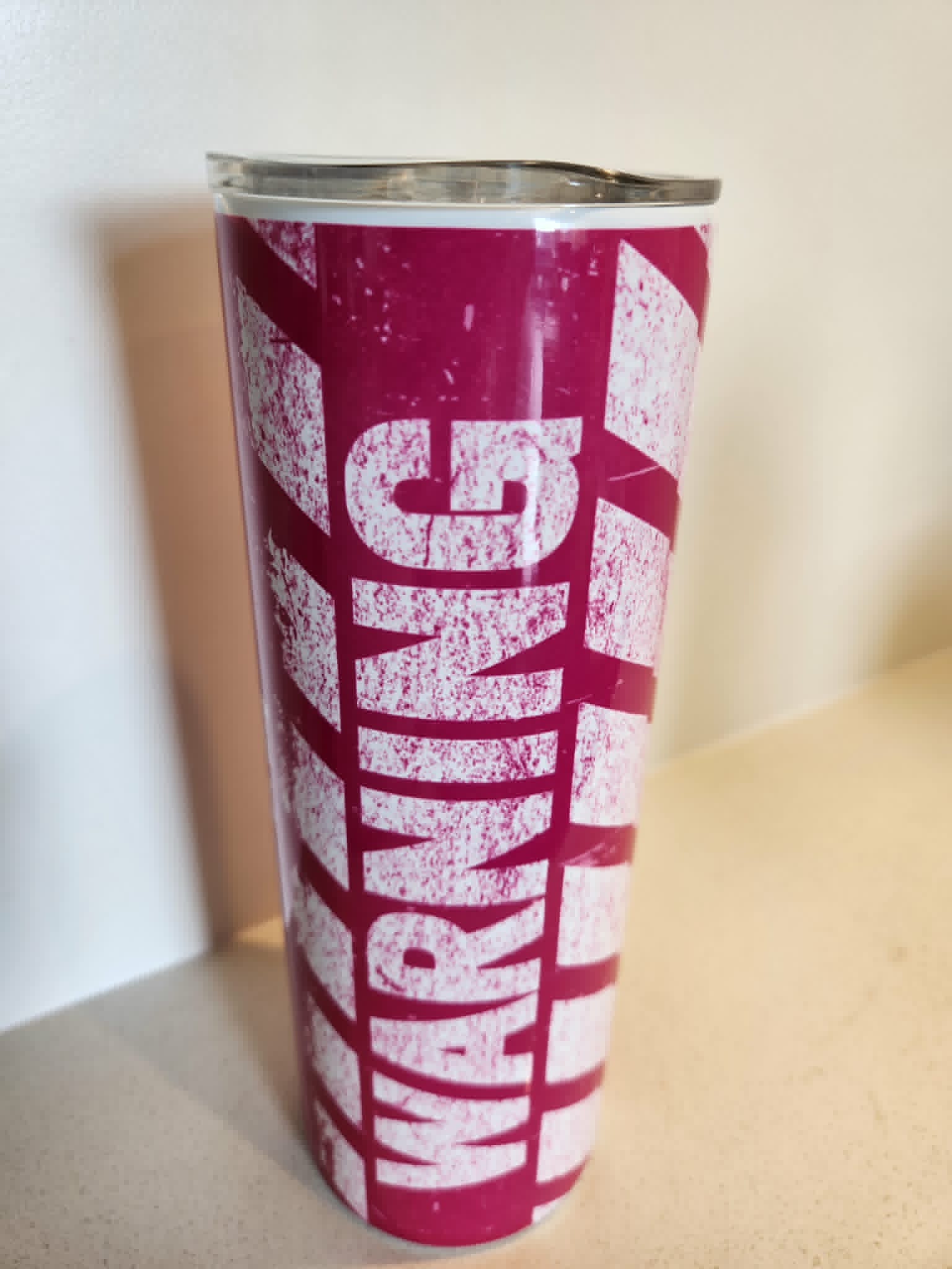 Danger Warning tumbler - back view showing WARNING text on deep magenta background
