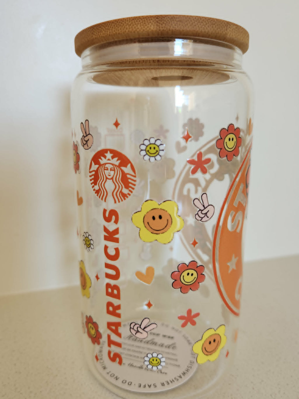16oz Glass Libby Cup - Starbucks logo with smiley flowers and Tigger design