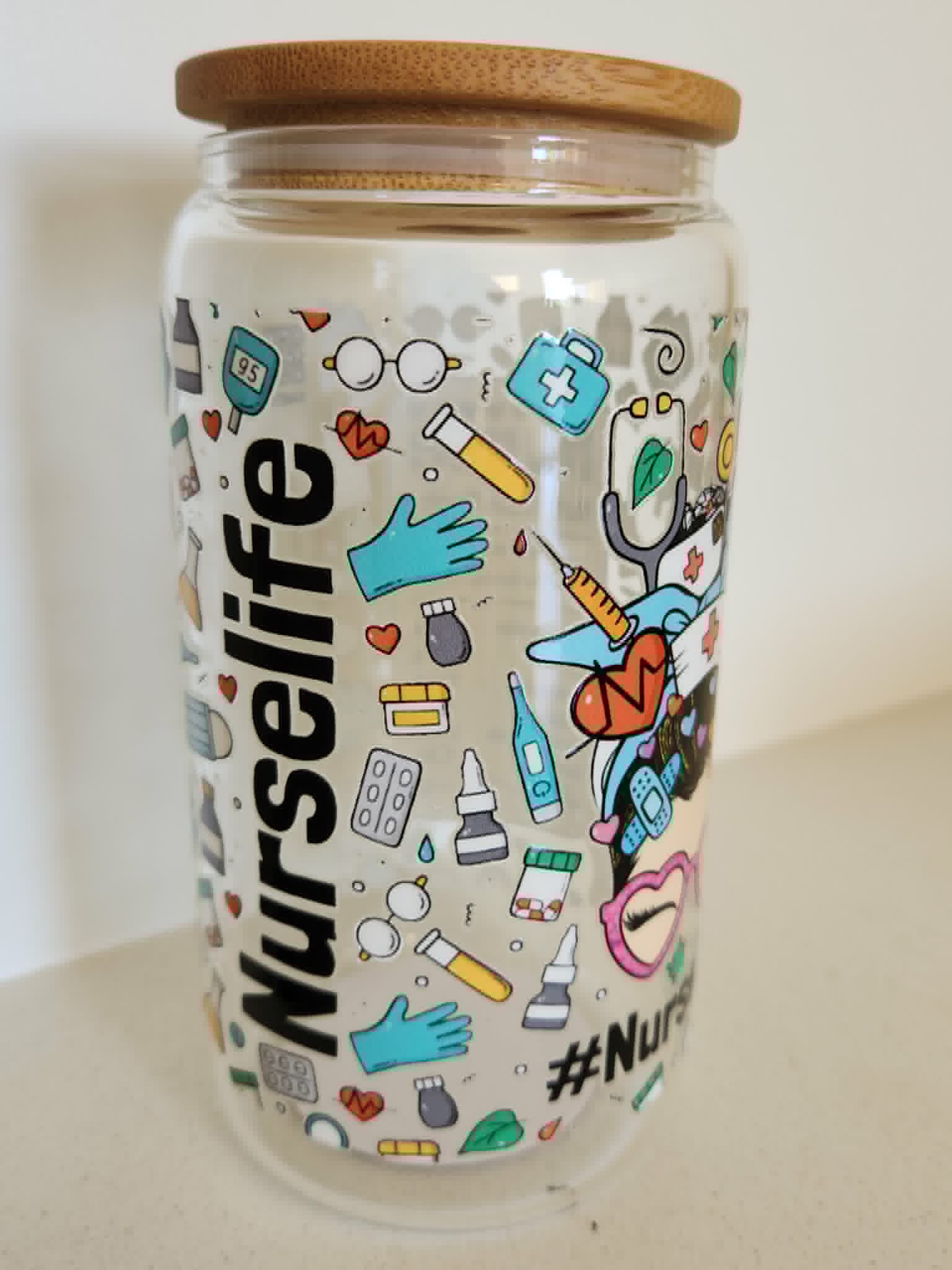 16oz Glass Libby Cup - Nurselife medical icons design