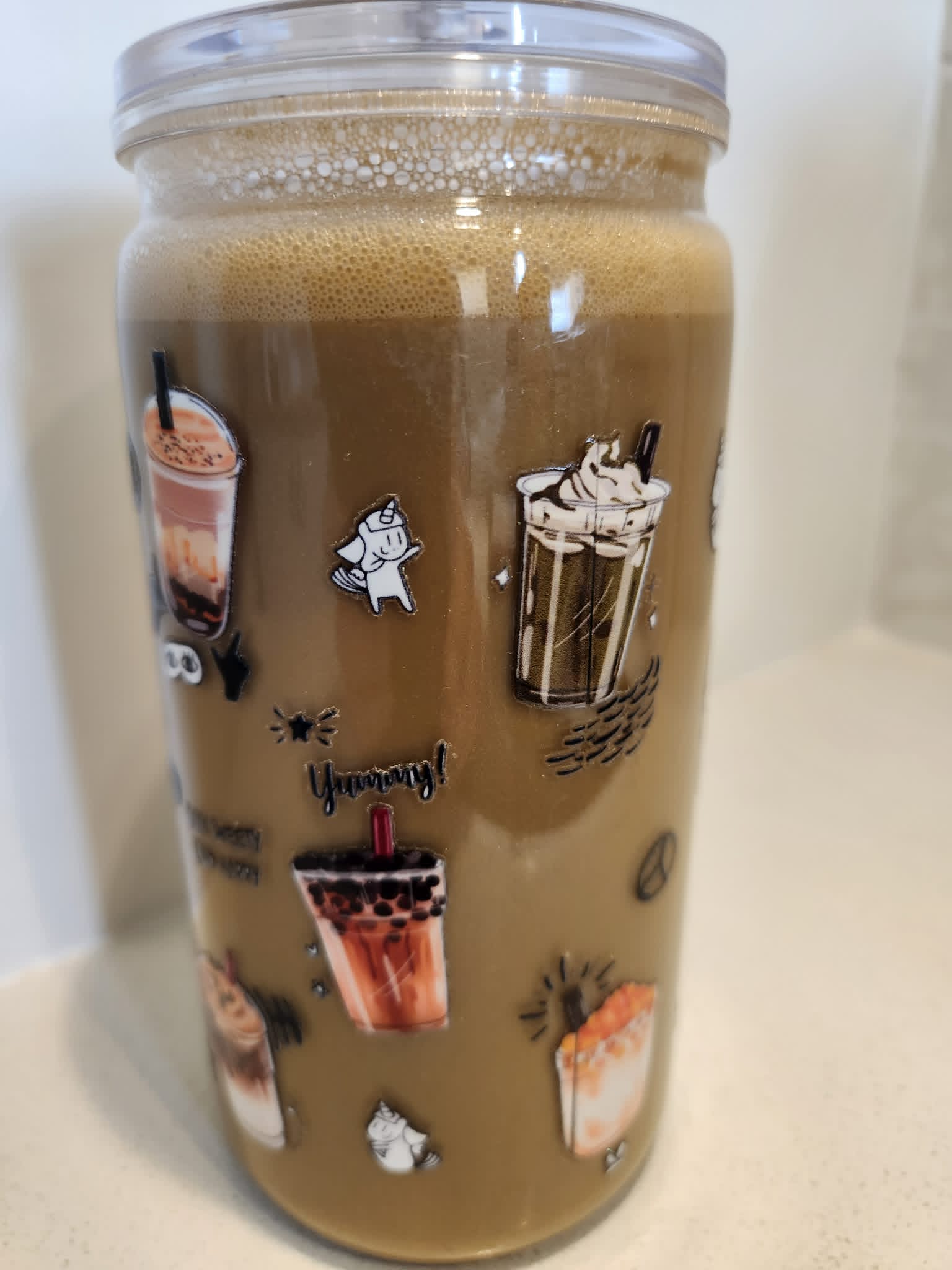 Don't Touch My Coffee acrylic Libby cup - back view showing illustrated bubble tea and coffee drinks with Yummy text