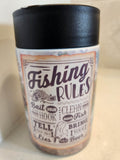 Fishing Rules can cooler - front view showing vintage typography with Bait Your Hook Clean Your Fish Tell Your Lies Bring Your Beer