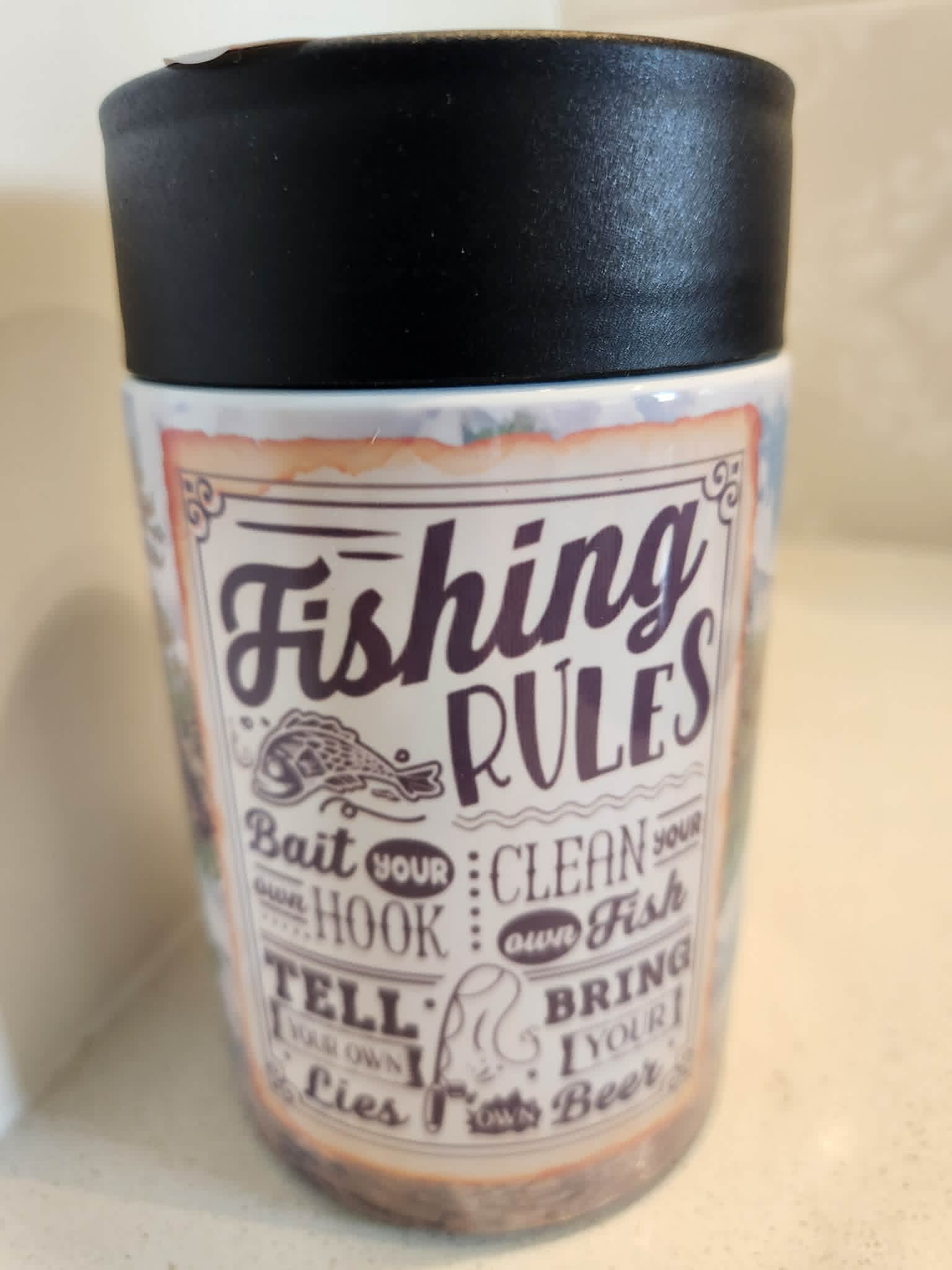 Fishing Rules can cooler - front view showing vintage typography with Bait Your Hook Clean Your Fish Tell Your Lies Bring Your Beer