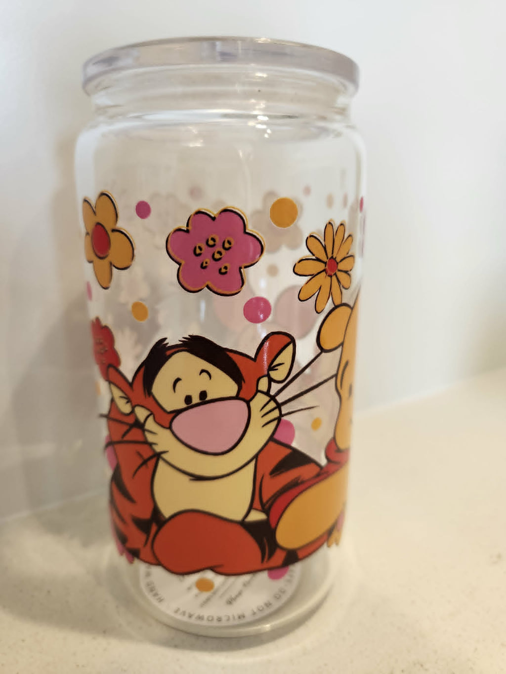 Winnie the Pooh acrylic Libby cup - Tigger side with retro flowers and polka dots
