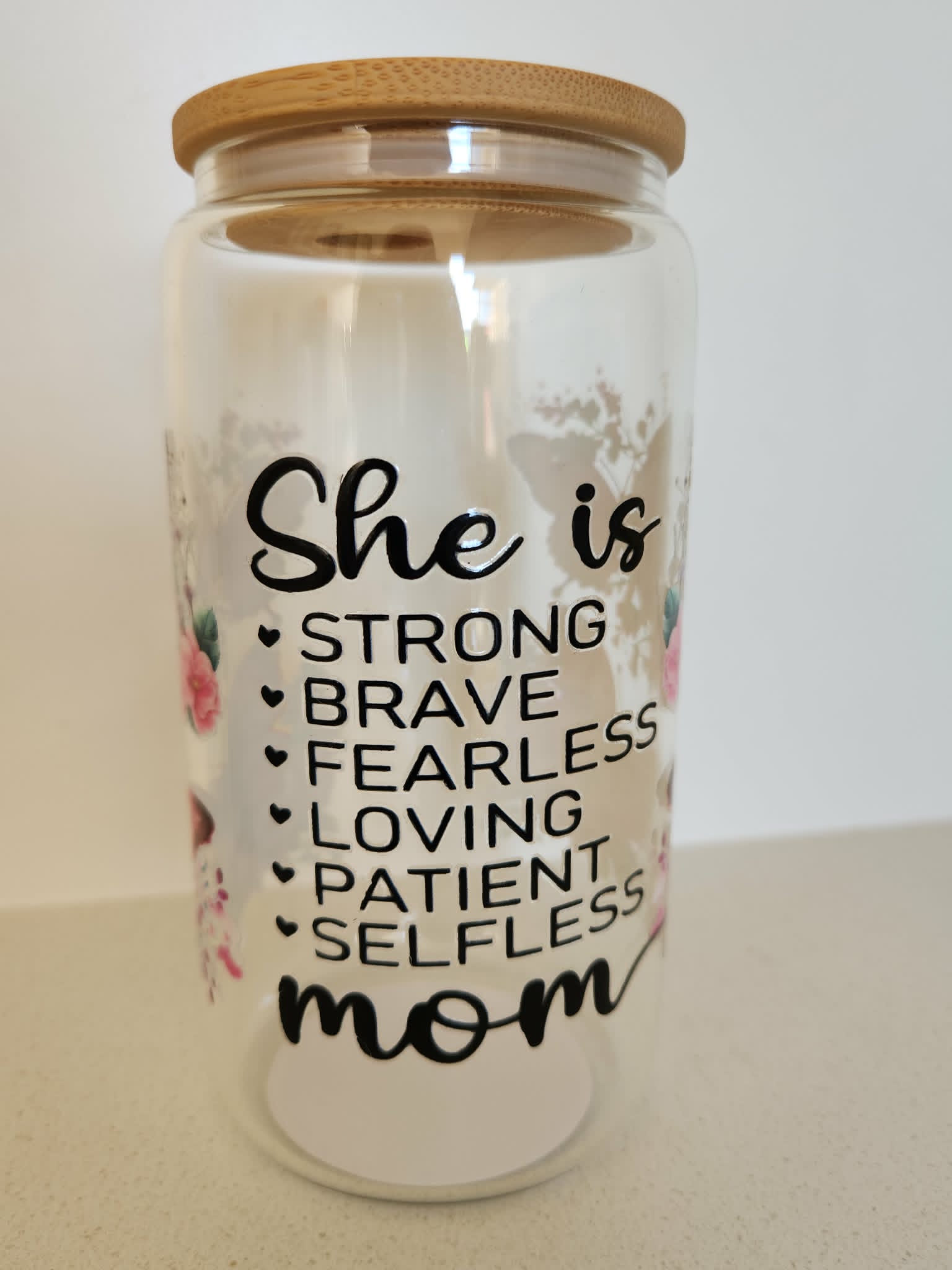 16oz Glass Libby Cup - She Is Strong Mom affirmation design with pink butterflies and florals