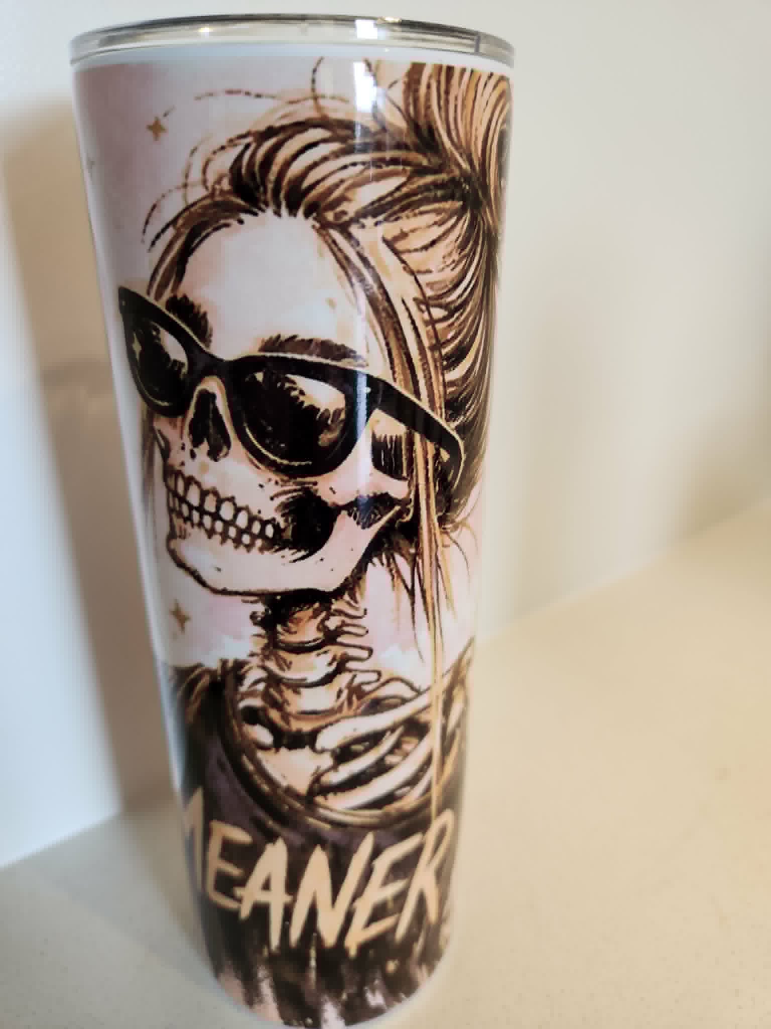 Could Be Cleaner tumbler - side view showing skeleton girl with sunglasses and messy bun