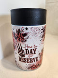 Have The Day You Deserve can cooler - front view showing skeleton hand peace sign with pink roses and Have The Day You Deserve text