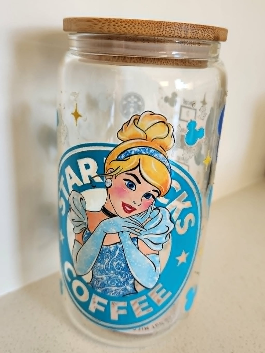 16oz Glass Libby Cup - Cinderella Starbucks Coffee logo design with princess