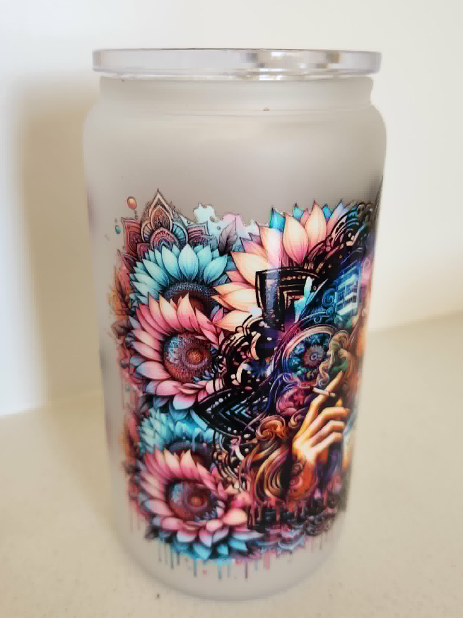 16oz Frosted Glass Libby Cup - Floral skull design with pink and teal sunflowers