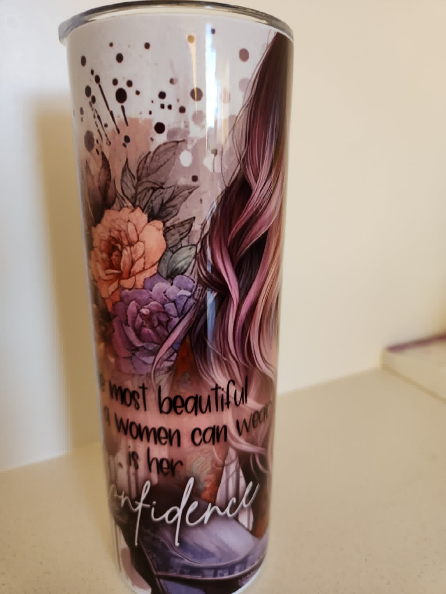 Her Confidence tumbler - front view with confidence quote and floral design