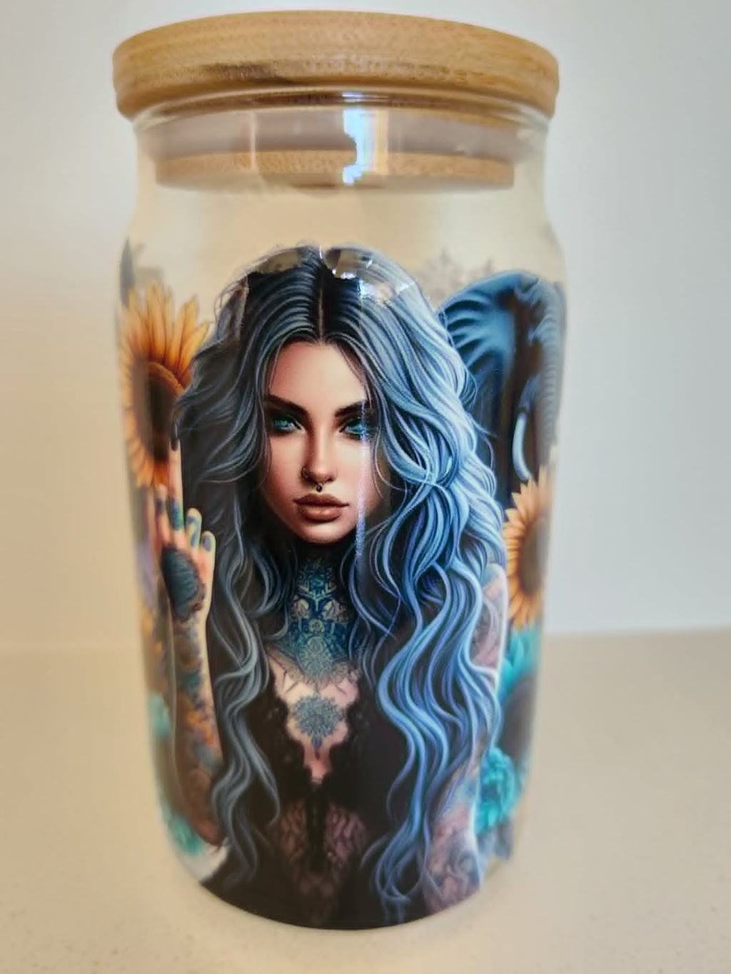 16oz Glass Libby Cup - blue haired fairy girl with teal eyes and tattoos surrounded by sunflowers