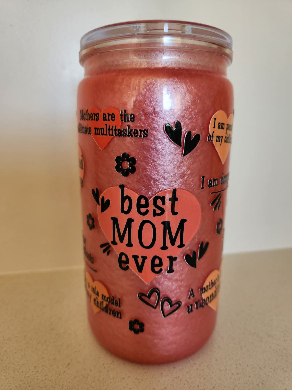 16oz Acrylic Snow Globe - Best Mom Ever front view with pink glitter fill
