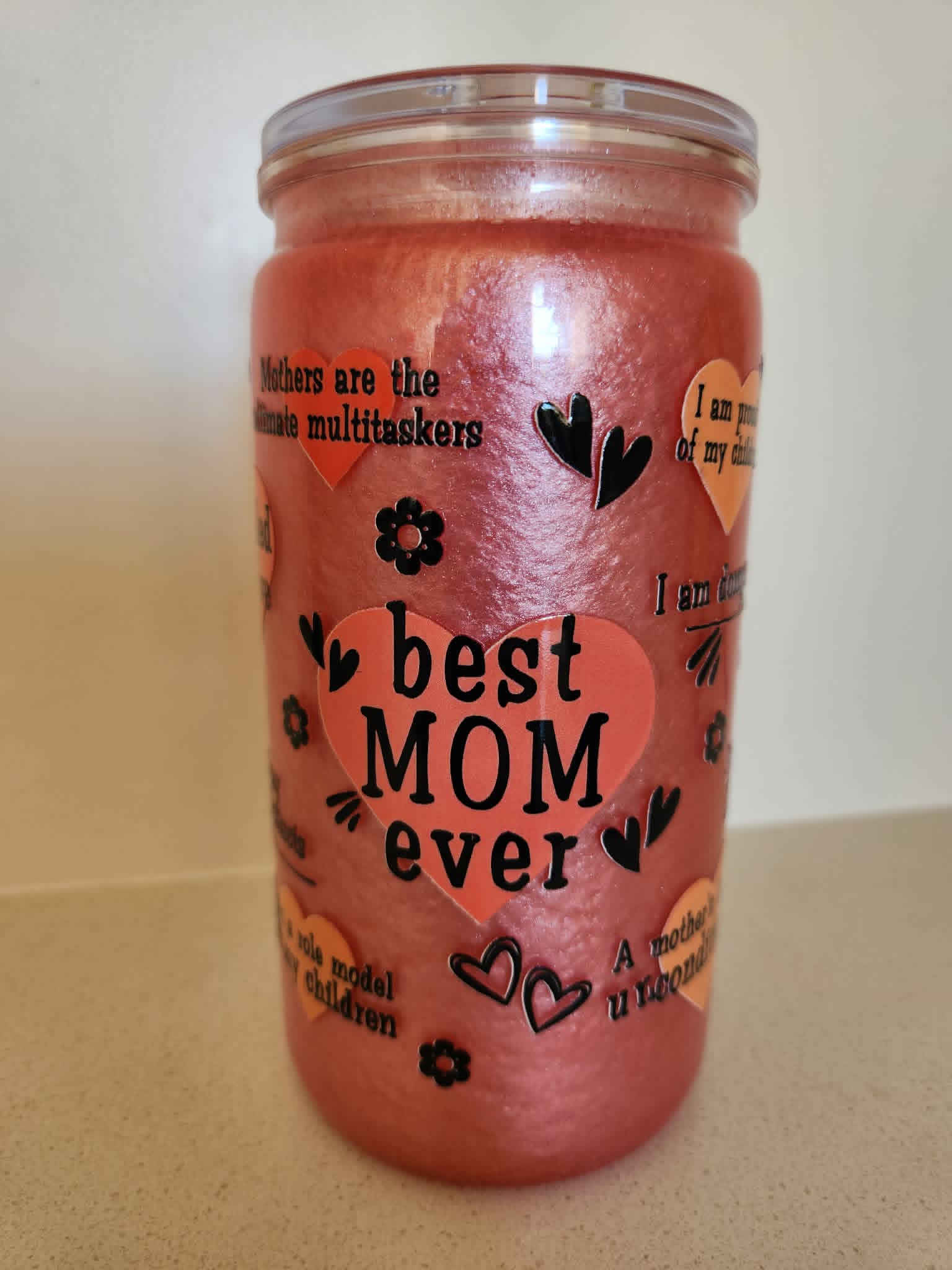 16oz Acrylic Snow Globe - Best Mom Ever front view with pink glitter fill