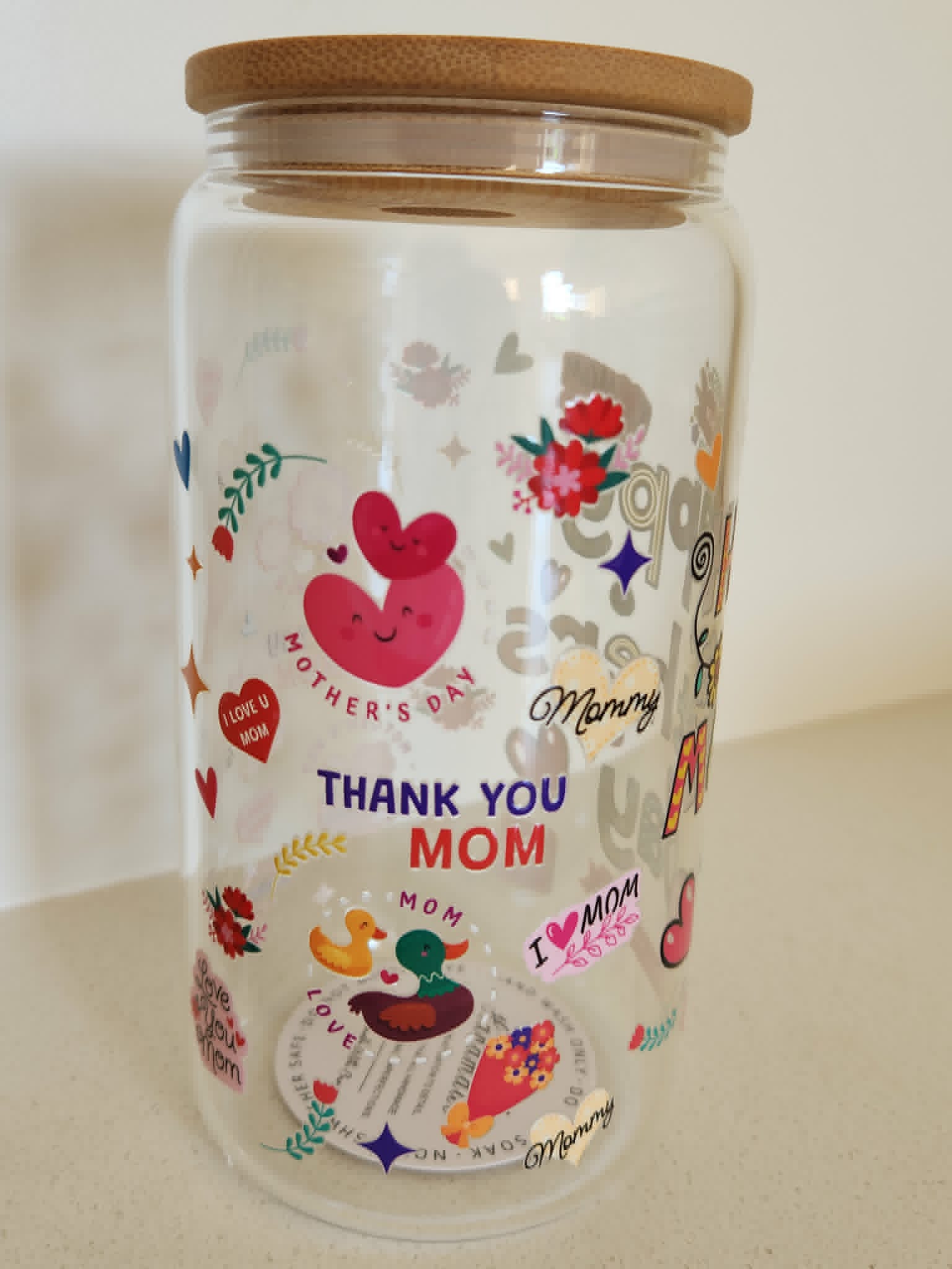 16oz Glass Libby Cup - Mother's Day design with heart character and Thank You Mom