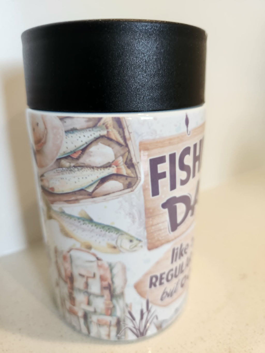 Fishing Dad can cooler - side view showing watercolour fish and tackle box wrap design