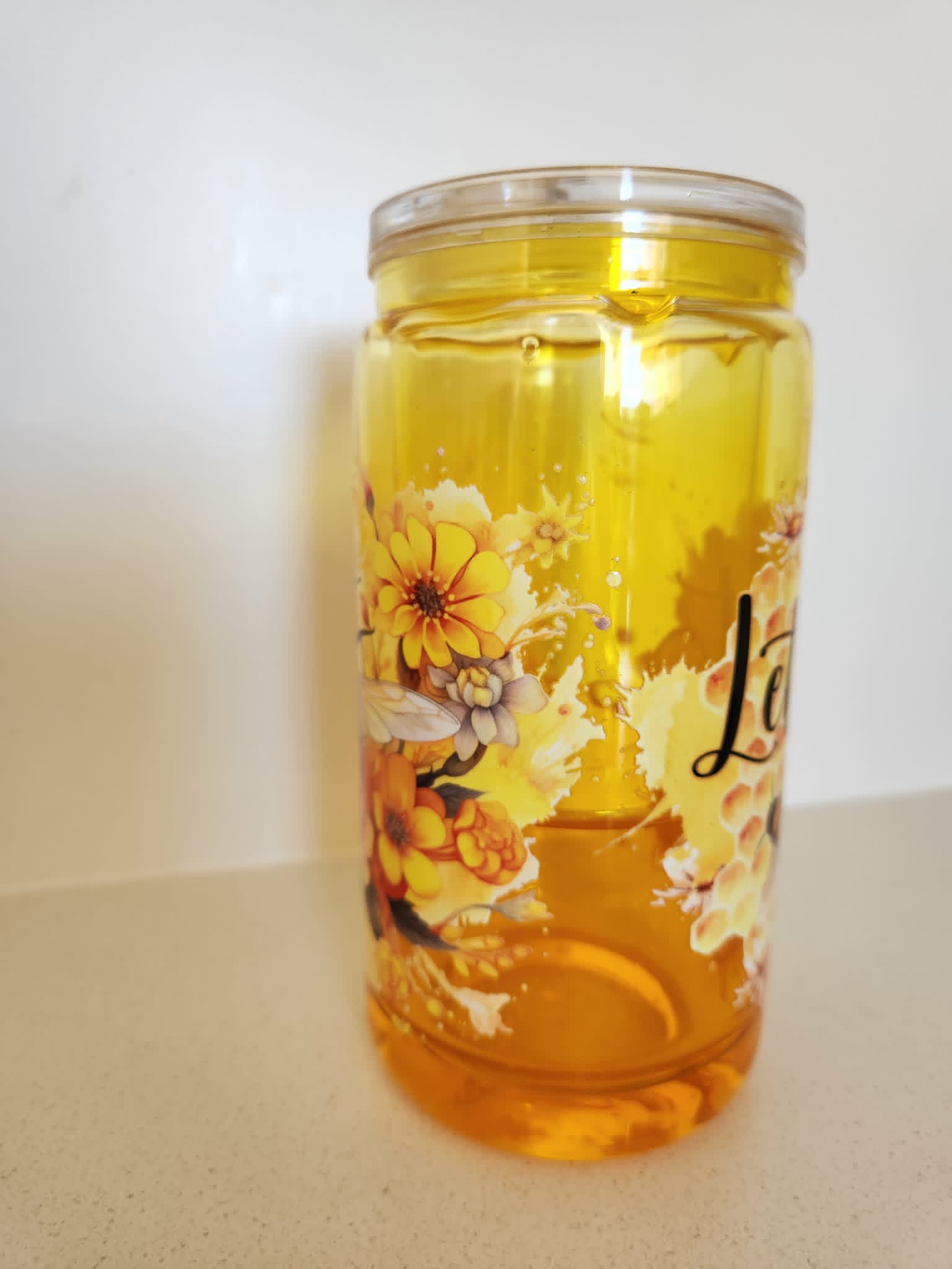 16oz Acrylic Drip Snow Globe - Let It Bee floral bee design side view